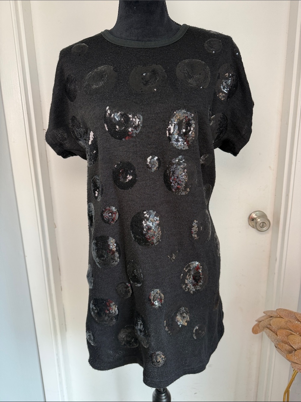 Black Short Sleeve Sequin Dot sweater dress.